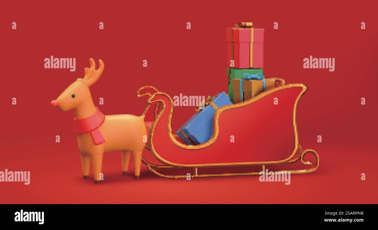 3d Noël Santa & rsquo ; traîneau plein de cadeaux avec un renne de nez rouge mignon debout à côté. Elément de vacances isolé sur fond rouge.. Noël Père Noël traîneau avec cerf mignon Illustration de Vecteur