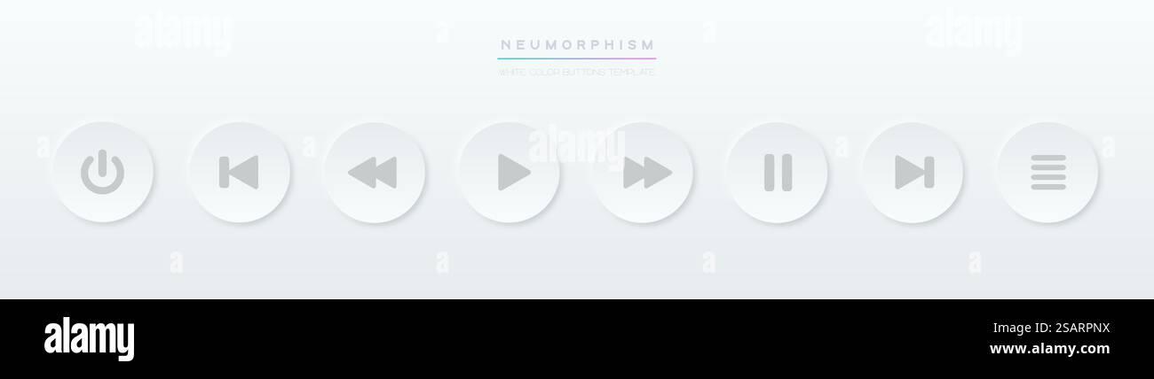 Jeu d'icônes blanches de bouton de lecture. Boutons du lecteur de musique Neumorphic UI. Eléments d'interface audio ou vidéo vectoriels dans le style neumorphisme, conception graphique douce Illustration de Vecteur