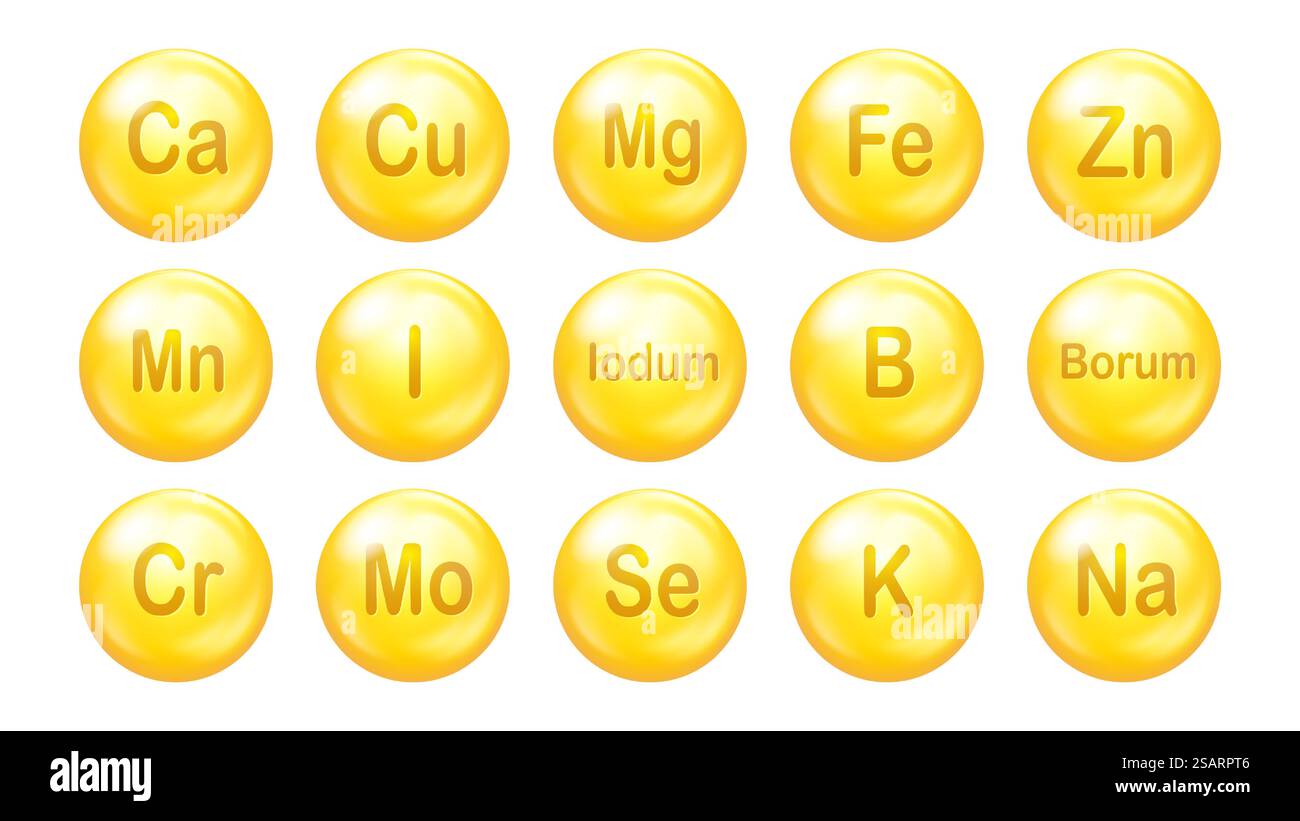 Ensemble de vecteurs d'icônes de minéraux. Capsules 3D Pills Drop. Comprimés abstraits dorés. Complexe vitaminique pour soins de beauté de la peau. Symboles de santé de la médecine EPS10 Illustration de Vecteur