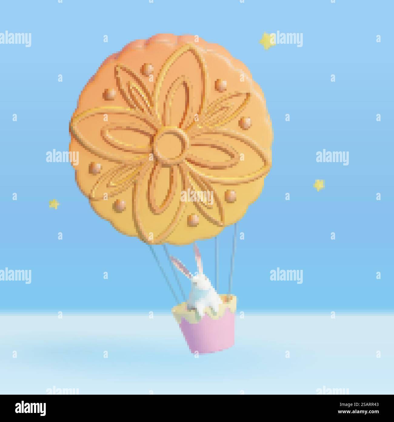 illustration 3d de lapin mignon assis dans un ballon chaud fait de gâteau de lune cuit au four. Concept de mythologie du Festival de mi-automne. Élément asiatique créatif isolé sur fond bleu.. élément de gâteau de lune créatif 3d. Illustration de Vecteur
