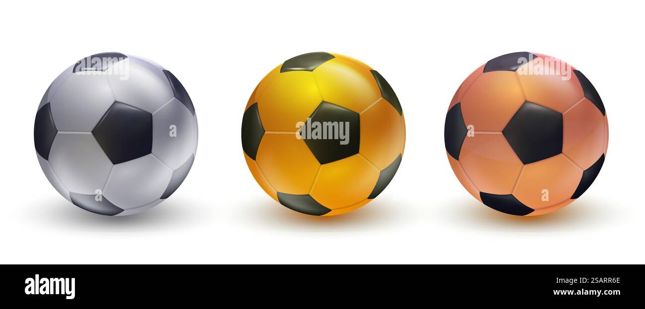 Vecteur de ballons de football défini sur fond blanc. Ballon de football en argent doré et bronze. illustration 3d. Illustration de Vecteur