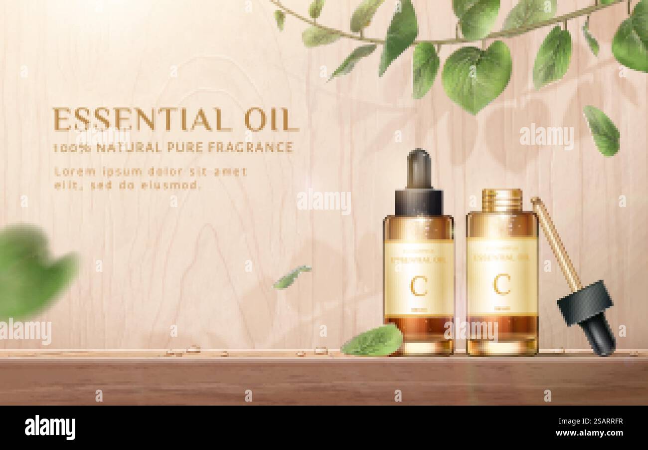 Annonce de produit de beauté, concept de soins naturels de la peau, maquettes de bouteille compte-gouttes sur fond de bois avec des feuilles d'eucalyptus. Modèle de publicité pour produits de soins de la peau Illustration de Vecteur