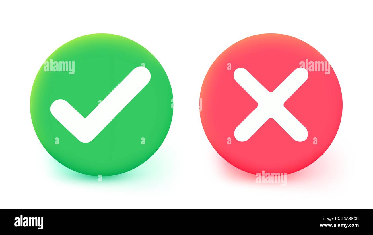 Icône de coche verte et de croix rouge. Symboles de coche isolés, panneaux de liste de contrôle, badge d'approbation. Conception de coche, illustration vectorielle Illustration de Vecteur
