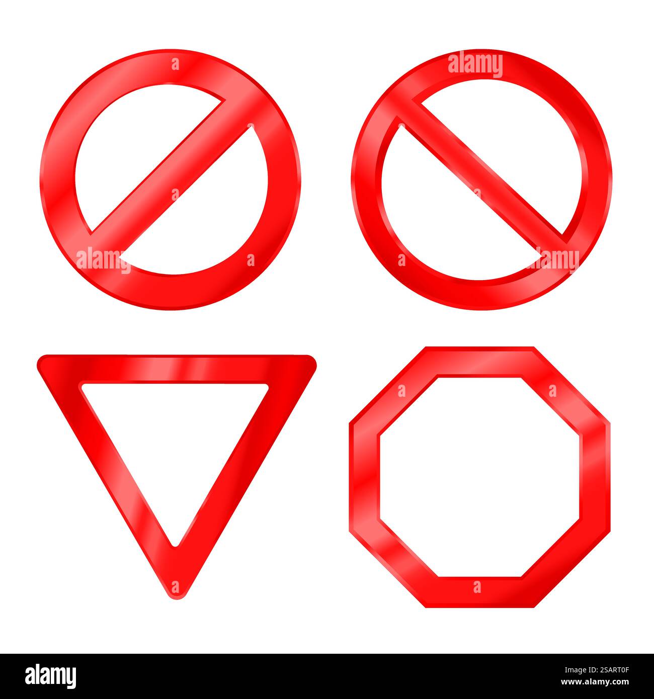 Collection de panneaux d'avertissement rouges isolés sur fond blanc. Panneaux de signalisation routière brillants modernes avec gradient. Interdiction de forme différente et ensemble de signes interdits. Illustration vectorielle EPS10 Illustration de Vecteur