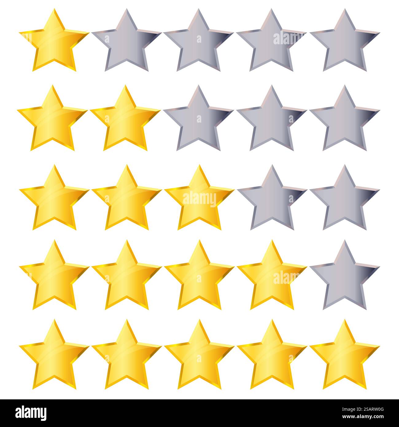 Étoiles d'évaluation dorées définies isolées sur fond blanc. Collection d'étoiles d'or et d'argent pour classer hôtel, restaurant, produit. Illustration vectorielle eps10 Illustration de Vecteur