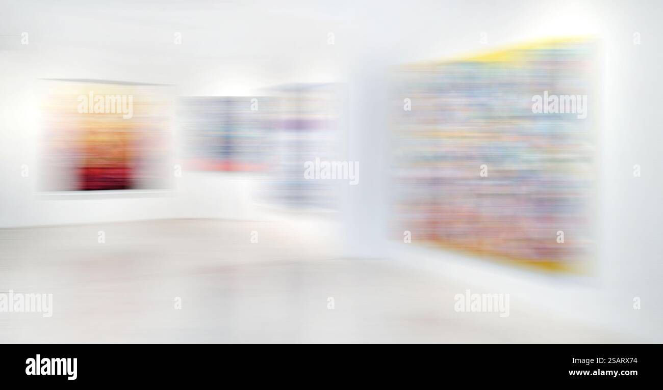 Flou de mouvement, fond de galerie d'exposition d'art, peinture abstraite colorée sur fond blanc Banque D'Images
