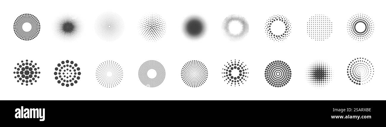 Jeu de cadres en pointillés circulaires demi-teintes. Texture de points de cercle isolé sur fond blanc. Texture pulvérisée tachetée. Elément de conception abstrait vectoriel Illustration de Vecteur
