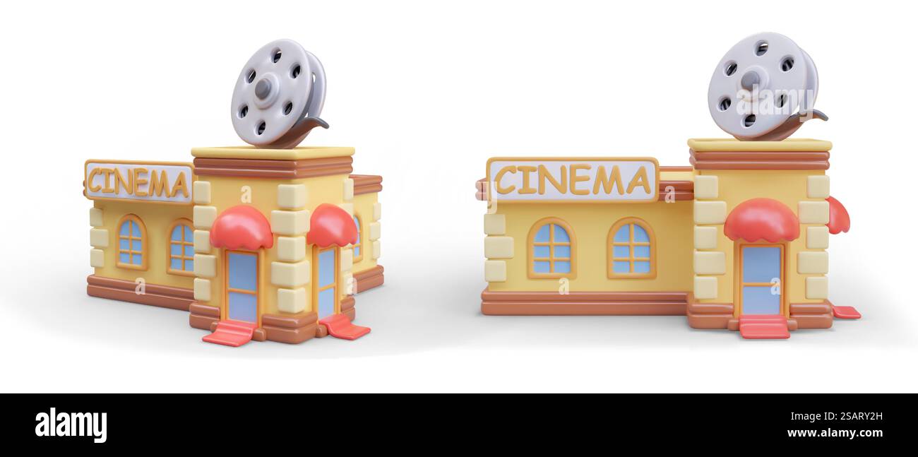 Objet 3D réaliste de construction avec panneau dans différentes positions. Modèle de cinéma avec grande bobine de film. Illustration vectorielle couleurs jaune et rouge dans le style de bande dessinée. Objet 3D réaliste de construction avec panneau dans différentes positions Illustration de Vecteur