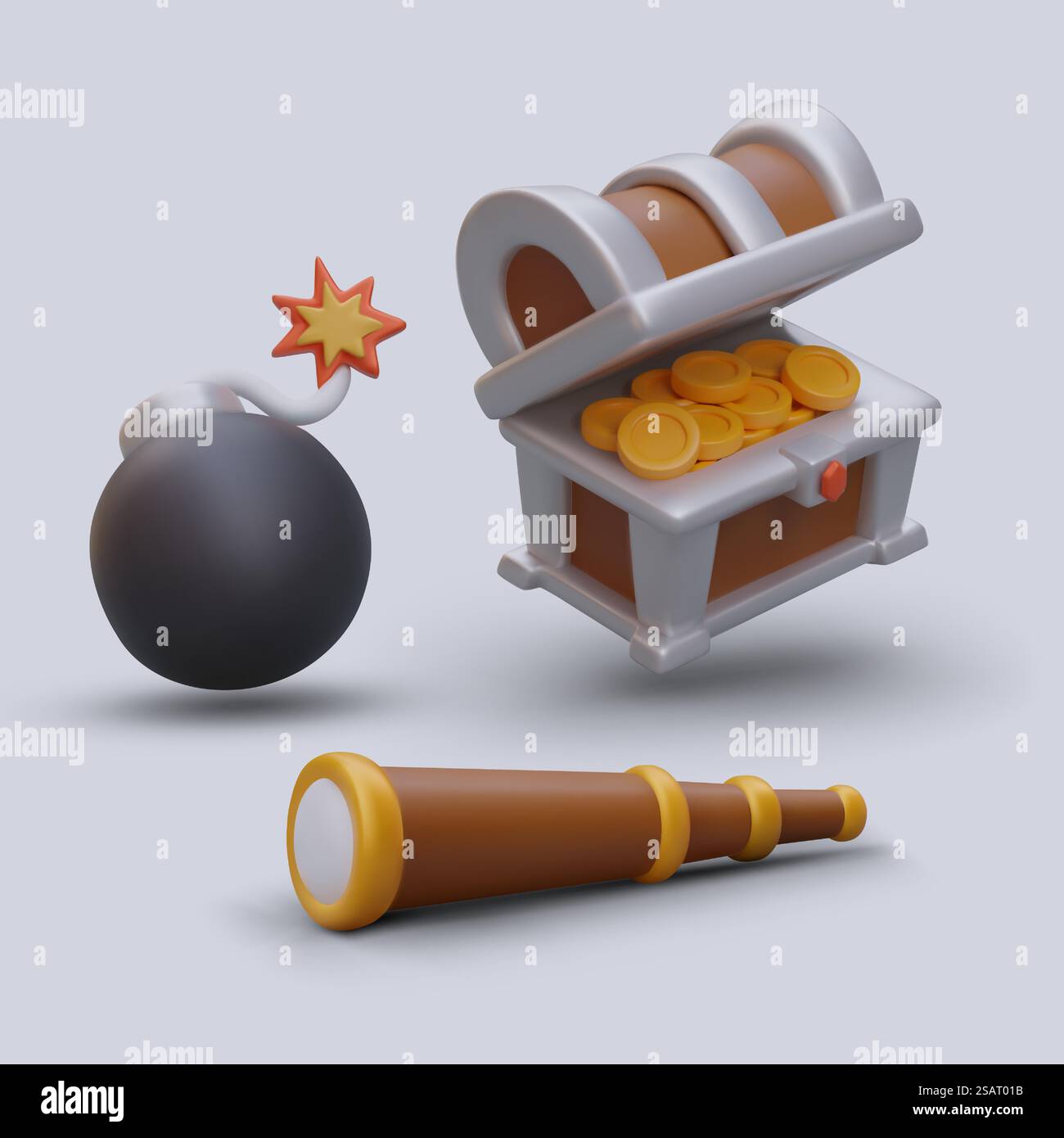 Collection avec différents articles pour jeu d'ordinateur. Bombe noire fusible brûlante, coffre au trésor avec pièces d'or et spyglass. Illustration vectorielle avec place pour le texte. Bombe noire fusible brûlante, coffre au trésor avec pièces d'or et spyglass Illustration de Vecteur