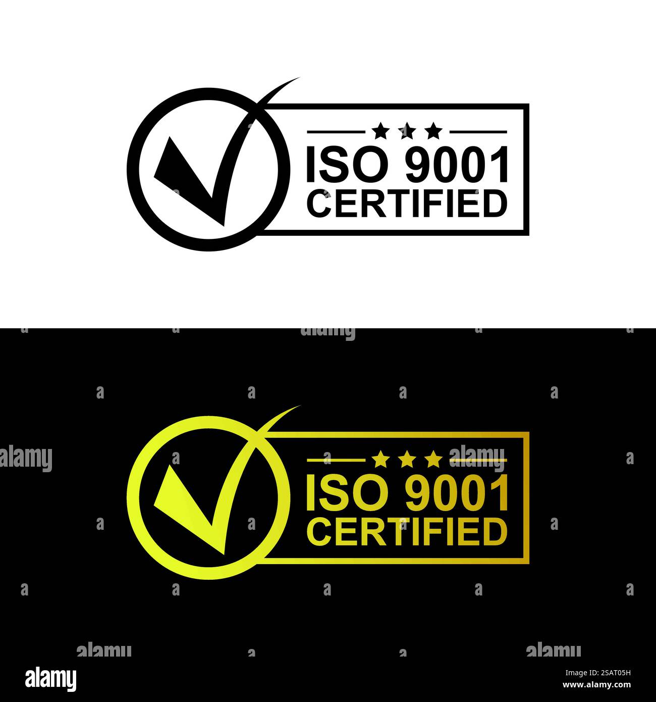 Tampon ou étiquette de certification ISO en couleur noire et dorée isolé sur fond blanc et foncé Illustration de Vecteur