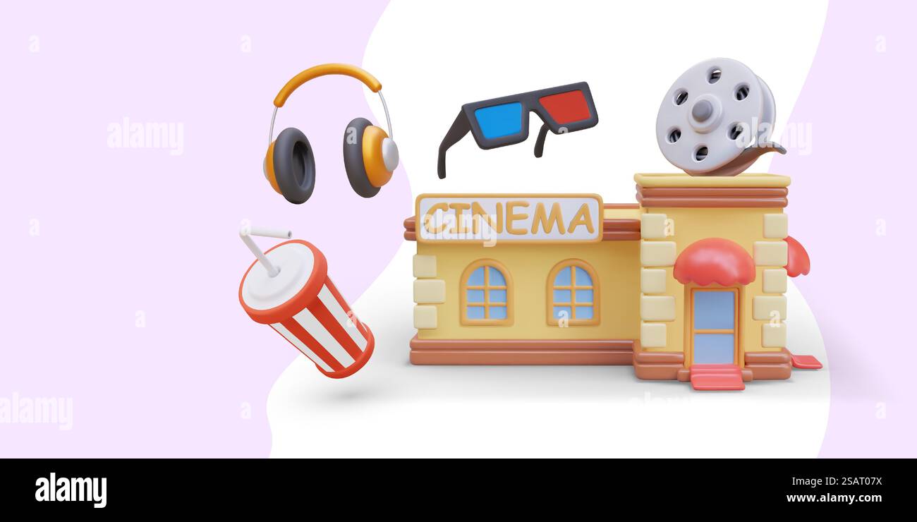 Publicité vectorielle de cinéma. Construction réaliste, bobine de film, écouteurs, verres anaglyphes, tasse rayée avec boisson froide. Concept de repos et de divertissement. Construction réaliste, bobine de film, écouteurs, verres anaglyphes, tasse rayée avec boisson froide Illustration de Vecteur