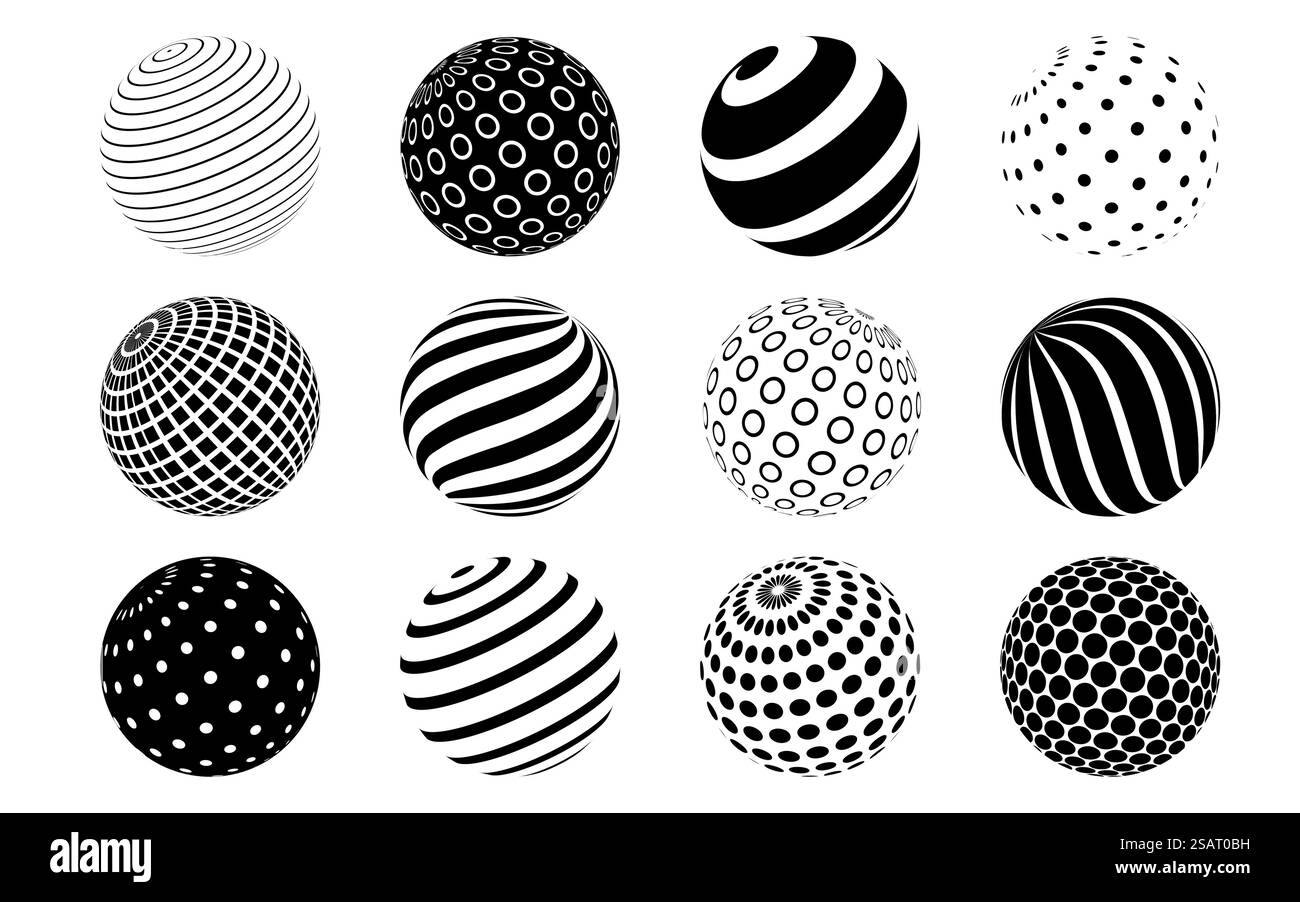 Silhouettes de sphères abstraites vectorielles avec des points et des rayures pour les conceptions de logo et de web. Boules noires et blanches demi-teintes avec texture différente isolées sur fond blanc Illustration de Vecteur