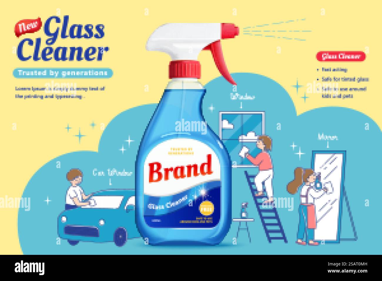 Bannière publicitaire de nettoyant de verre, bouteille de pulvérisation 3d avec des personnes chaudes dessinées à la main nettoyant différentes surfaces de verre. Bannière publicitaire nettoyant pour vitres Illustration de Vecteur