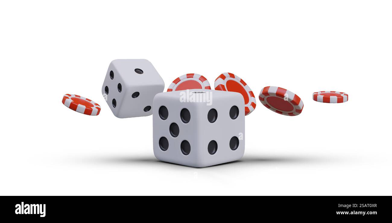 Affiche avec des cubes dans différentes positions et des jetons rouges. Risque et pari dans le casino. Objets volants pour casino en ligne et applications de jeu mobile. Illustration vectorielle dans le style 3D. Affiche avec des cubes dans différentes positions et des jetons rouges Illustration de Vecteur