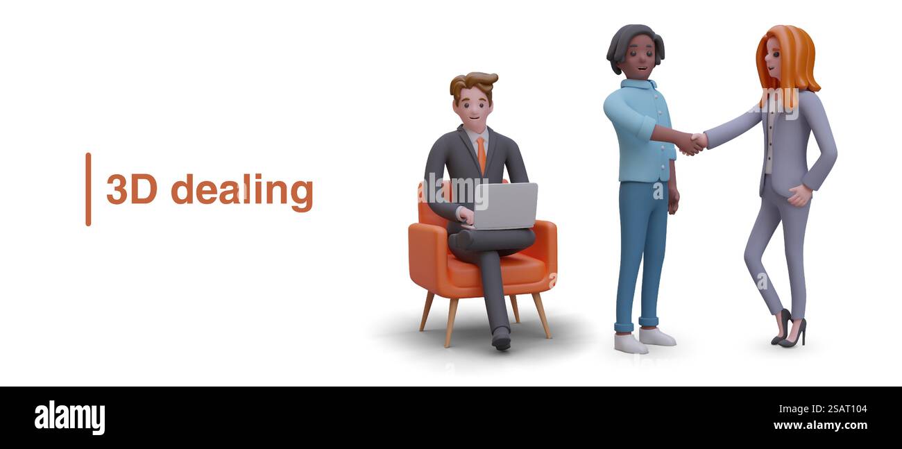 Négociation, conclusion d'un accord. Projet d'entreprise. Illustration 3D dans le style de dessin animé. Les partenaires se serrent la main, l'homme d'affaires travaille sur ordinateur portable dans la chaise. Travail d'équipe, partenariat. Négociation, conclusion d'un accord. Projet d'entreprise. Illustration 3D dans le style de dessin animé Illustration de Vecteur