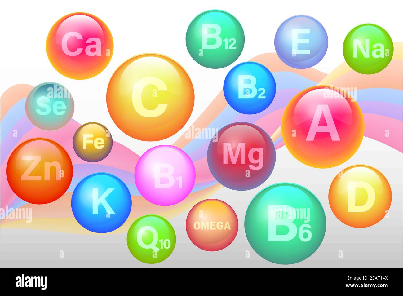 Complexe vitaminique et minéral essentiel. VITAMINE A, B1, B2, B6, B12, C, D3, E, K1, CALCIUM, magnésium, zinc, silicium sélénium. ensemble de supplément minéral 3d pour la santé. Icônes de collection de multivitamines. Vecteur EPS10 Illustration de Vecteur