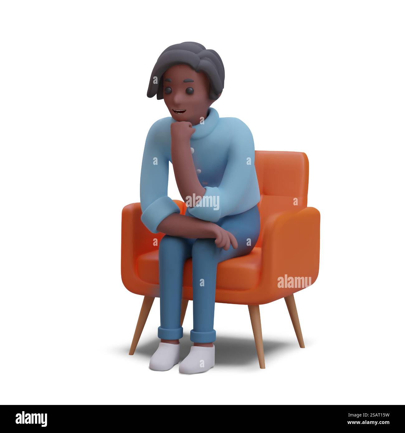 L'homme s'assoit soigneusement dans la chaise, soutenant le menton avec son poing. Trouver une solution au problème. Personnage masculin raconte son histoire. Concept de vecteur. Illustration en couleur sur fond blanc. L'homme s'assoit soigneusement dans la chaise, soutenant le menton avec son poing. Trouver une solution au problème Illustration de Vecteur