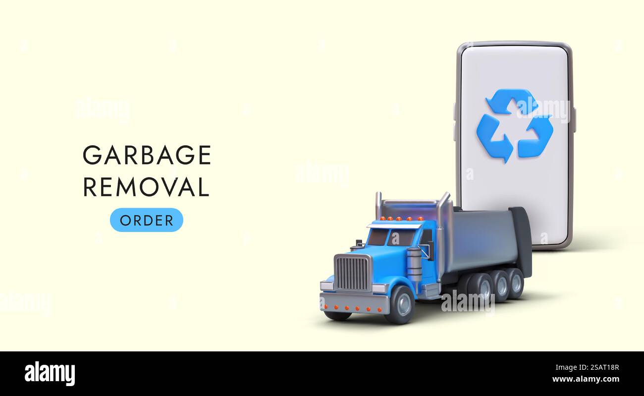 Enlèvement des ordures. Camion à ordures réaliste, smartphone, signe de recyclage. Services de transport spécialisé de marchandises. Bannière vectorielle avec illustration, texte, bouton de commande. Enlèvement des ordures. Camion à ordures réaliste, smartphone, signe de recyclage Illustration de Vecteur