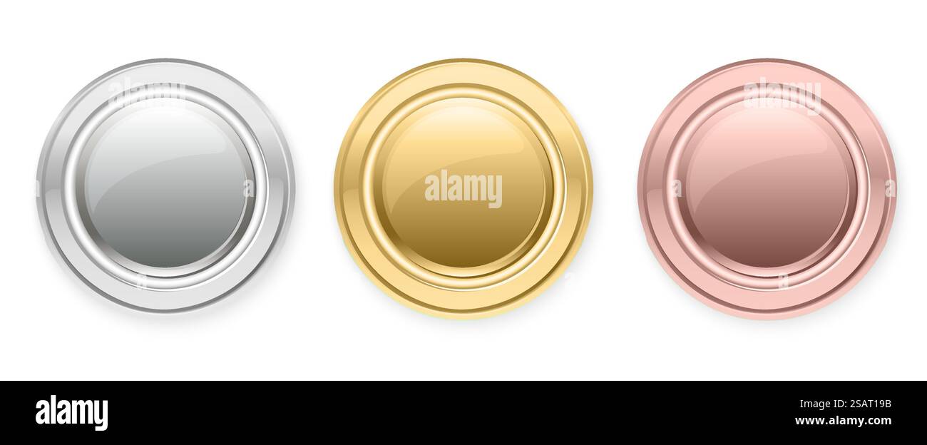 Collection de pièces de monnaie vectorielles ou de médailles. Ensemble de cadres ronds brillants de couleur or, argent et bronze. Emblèmes gagnants pour la récompense des première, deuxième et troisième places Illustration de Vecteur