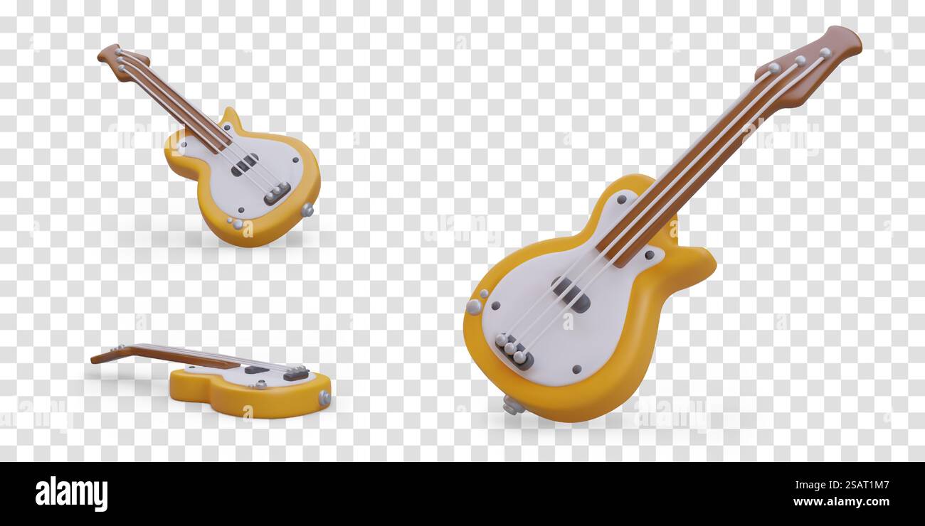 Guitare réaliste dans différentes positions. Instrument de musique classique à cordes. Guitare électrique. Icônes vectorielles colorées. Image isolée pour boutique, école de musique. Guitare réaliste dans différentes positions. Instrument de musique classique à cordes Illustration de Vecteur