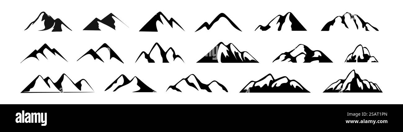 Icônes montagnes définies. Silhouettes noires de relief. Illustration vectorielle dans le style de dessin animé isolé sur fond blanc Illustration de Vecteur