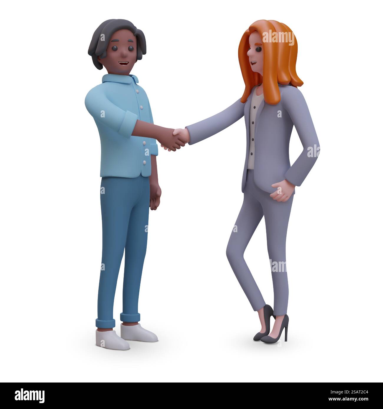 Homme noir réaliste serrant la main avec une femme blanche. Accord entre partenaires commerciaux, arrangement. Coopération internationale. Personnages vectoriels dans le style de dessin animé sur fond blanc. Homme noir réaliste serrant la main avec une femme blanche Illustration de Vecteur