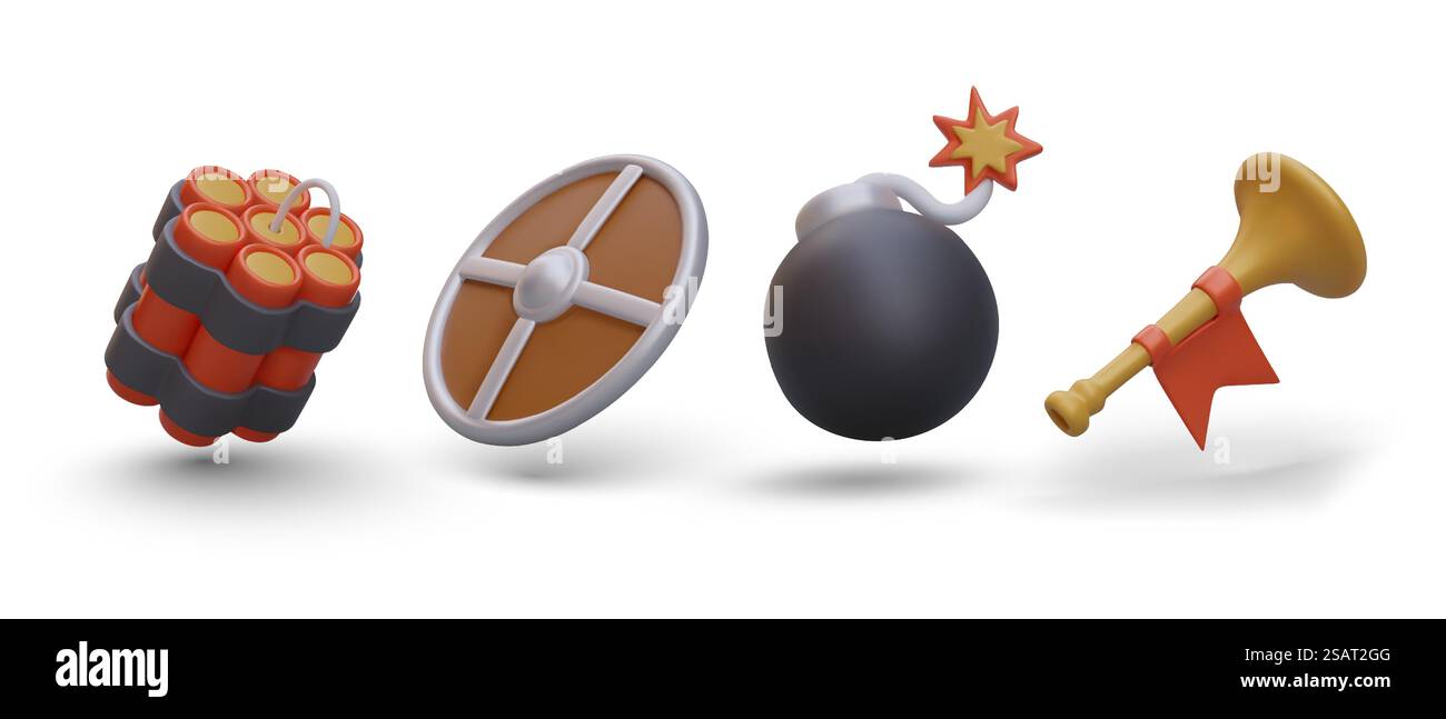 Ensemble d'images de jeu 3D. Dynamite, bouclier, boule de canon avec cordon brûlant, bugle avec drapeau rouge. Concept de bataille et de victoire. Fanfare pour vainqueur. Illustration isolée sur fond blanc. Ensemble d'images de jeu 3D. Dynamite, bouclier, boule de canon avec cordon brûlant, bugle avec drapeau rouge Illustration de Vecteur