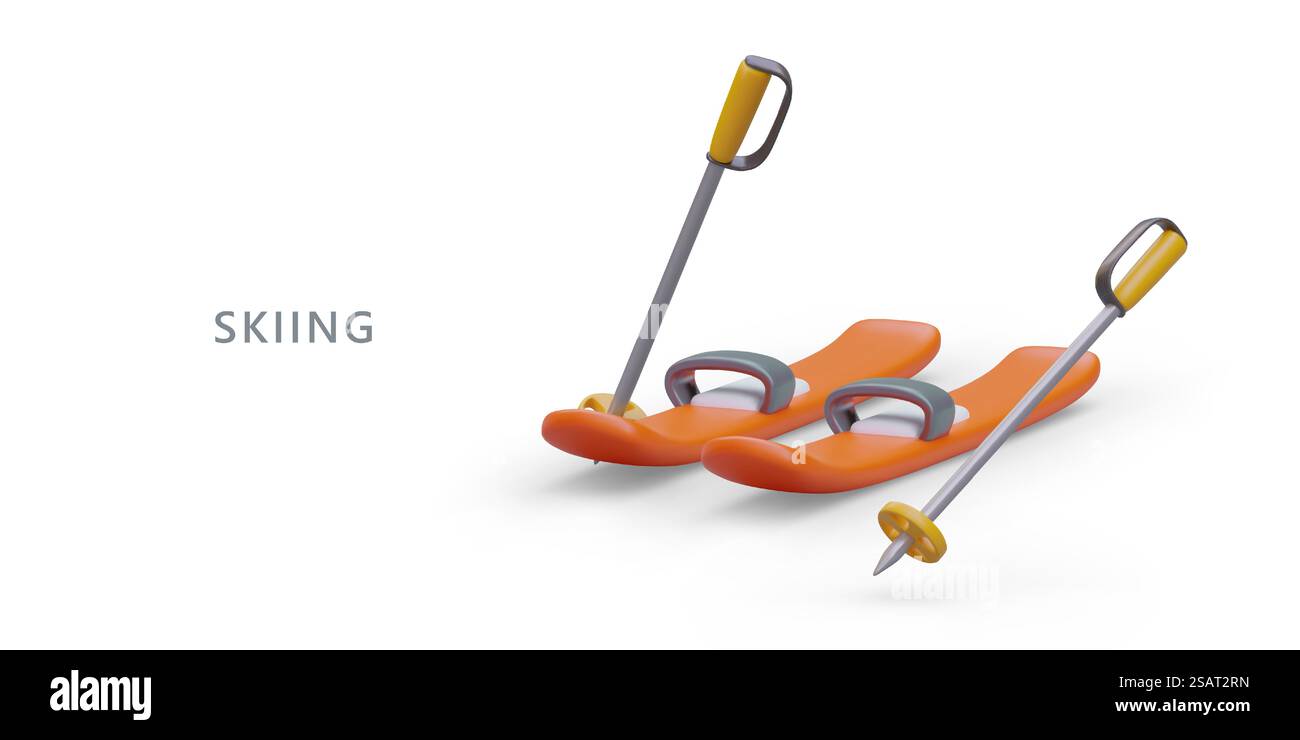 Paire de skis orange, bâtons de ski. Accessoires de sports d'hiver. Publicité de l'école de ski. Ouverture d'une nouvelle piste. Modèle de circulaire de station de ski. Concept de couleur pour la conception Web. Paire de skis orange, bâtons de ski. Accessoires de sports d'hiver. Publicité de l'école de ski Illustration de Vecteur