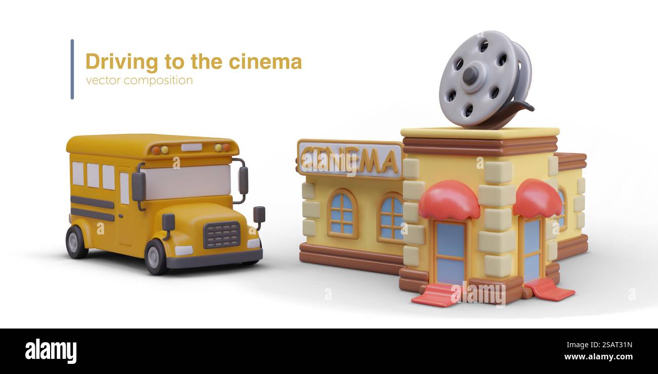 Conduire les passagers au cinéma. Bus vectoriel jaune, bâtiment avec signe de texte. Eléments pour publicité commerciale de divertissement. Visites de la ville, service touristique. Conduire les passagers au cinéma. Bus vectoriel jaune, bâtiment avec signe de texte Illustration de Vecteur