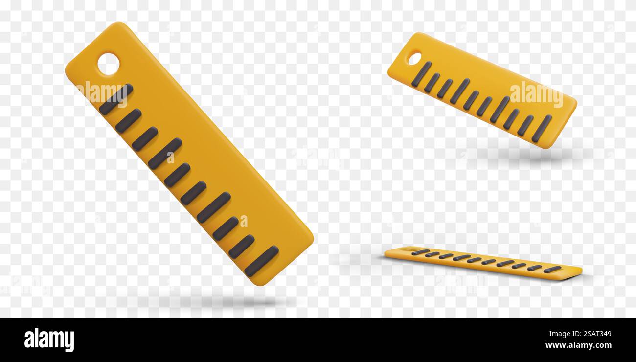 Règle en plastique jaune 3D. Dispositif de mesure de longueur et de largeur. Fournitures scolaires, papeterie. Symbole métrique. Ensemble d'objets vectoriels dans différentes positions. Règle en plastique jaune 3D. Dispositif de mesure de longueur et de largeur Illustration de Vecteur