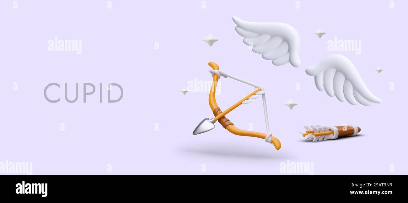 Concept romantique avec accessoires Cupidon. Arc 3D, flèche, carquois, ailes blanches, étoiles. Modèle vectoriel sur fond coloré. Agence de rencontres publicitaires pour réseaux sociaux. Fête à thème. Concept romantique avec accessoires Cupidon. Arc 3D, flèche, carquois, ailes blanches, étoiles Illustration de Vecteur