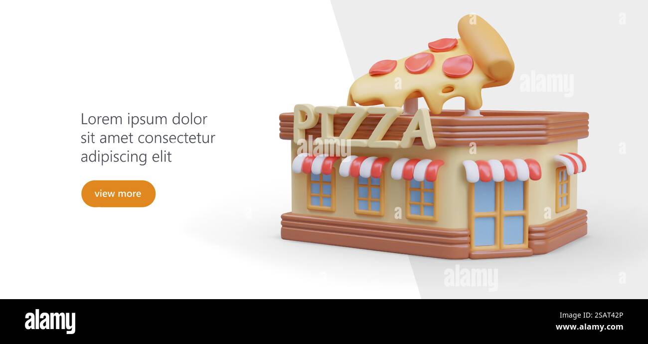 Publicité créative de pizzeria. Bâtiment avec signe de texte anglais. Pièce décorative de pizza chaude avec fromage fondu et saucisse. Place pour le branding, logo, texte. Publicité créative de pizzeria. Bâtiment avec signe de texte anglais Illustration de Vecteur