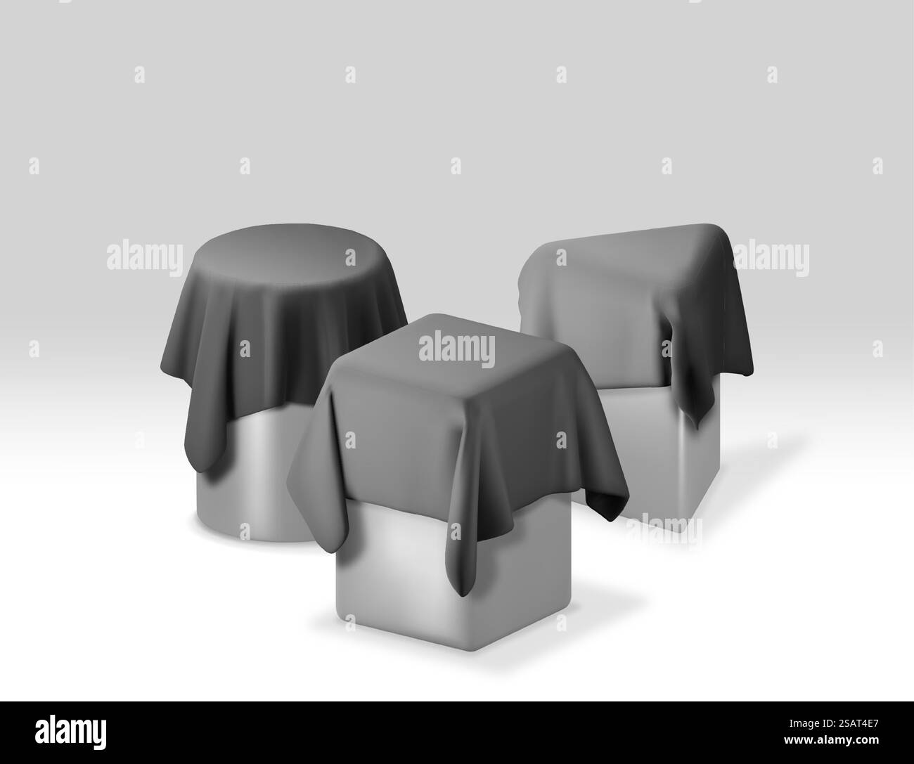 Podium en or 3D recouvert d'une pièce de soie noire isolée. Rendu de la scène avec maquette en tissu foncé. Saint-Valentin, carte d'anniversaire, publicité de présentation d'affichage de produit. Illustration vectorielle réaliste. Podium en or 3D recouvert d'une pièce de soie noire Illustration de Vecteur