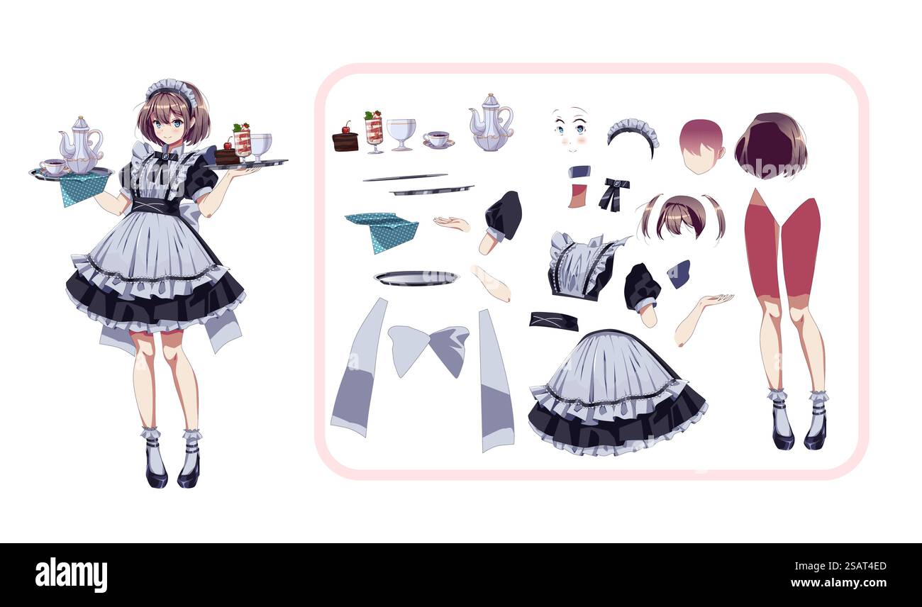 Personnage vectoriel de couleur de Maid café Girl pour l'animation. Jolie serveuse femme anime avec milkshakes et kit de détails de robe. Illustration manga japonais. Fille de café de femme par personnage de vecteur de couleur de pièces de robe pour l'animation Illustration de Vecteur