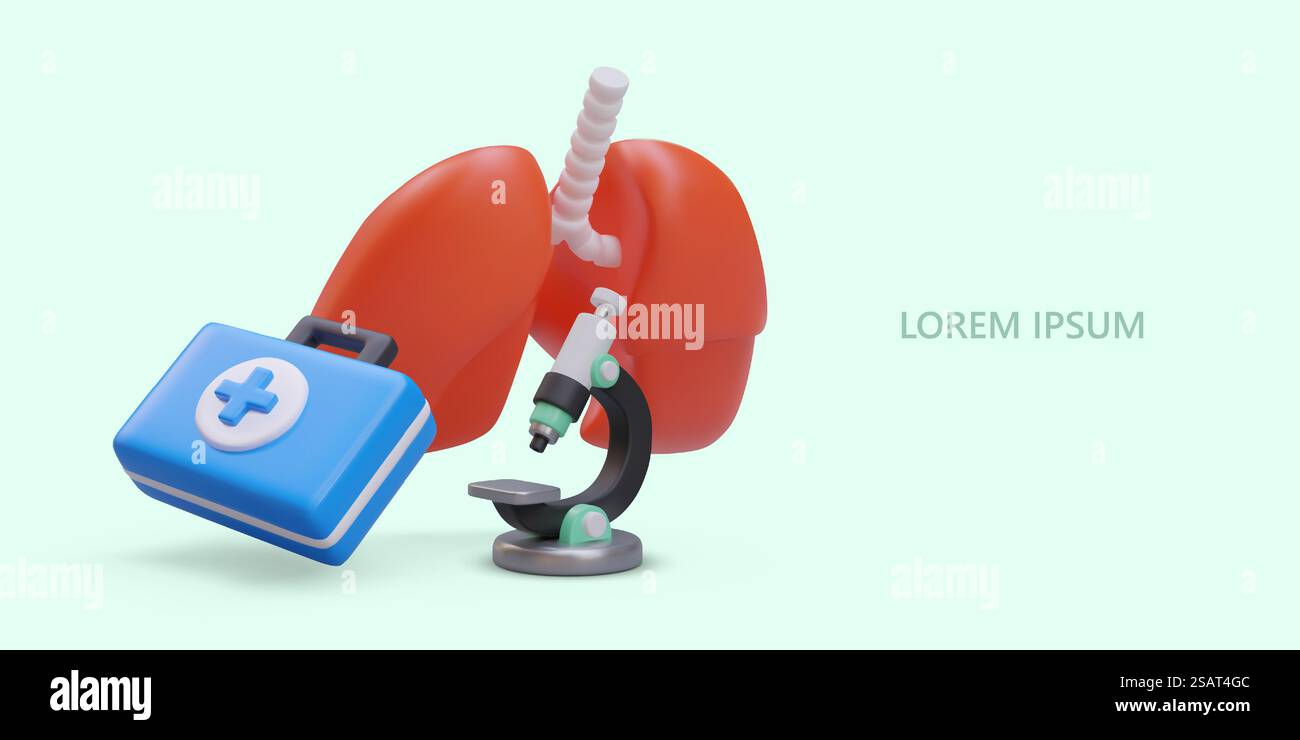 Placard avec kit médical 3d, poumons rouges et microscope pour la recherche. Concept de protection et de poumons sains. Illustration vectorielle en bleu et rouge avec place pour le texte. Placard avec kit médical 3d, poumons rouges et microscope pour la recherche Illustration de Vecteur