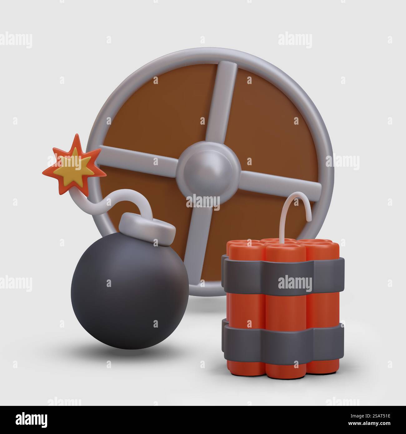 Bouclier rond, boule de canon avec cordon brûlant, bâtons rouges de dynamite. Concept vectoriel d'attaque et de défense. Illustration pour jeu en ligne, site web, application. Bouclier rond, boule de canon avec cordon brûlant, bâtons rouges de dynamite Illustration de Vecteur