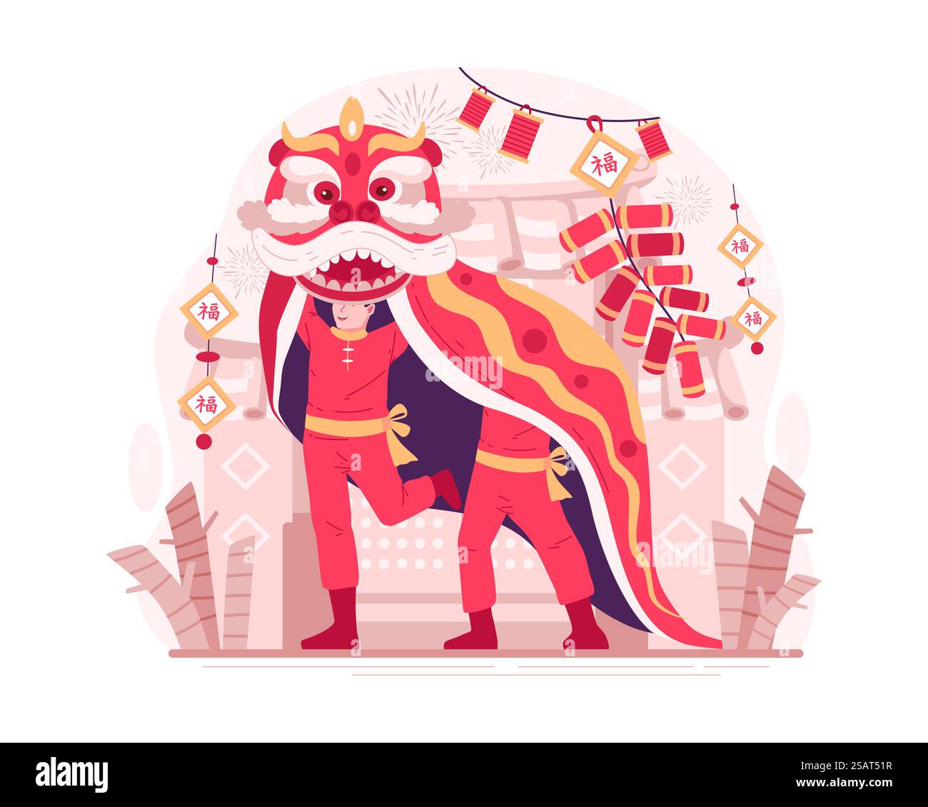 Artistes de danse du lion dansant lors de la célébration du nouvel an chinois. Danse traditionnelle dans la culture chinoise Illustration de Vecteur