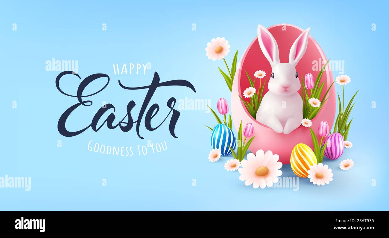 Affiche de Pâques et modèle de bannière avec un lapin blanc à l'intérieur d'un oeuf rose, oeufs colorés, tulipes, marguerites et fleurs de printemps sur fond bleu pour le jour de Pâques. Modèle de promotion et de shopping pour Pâques Illustration de Vecteur