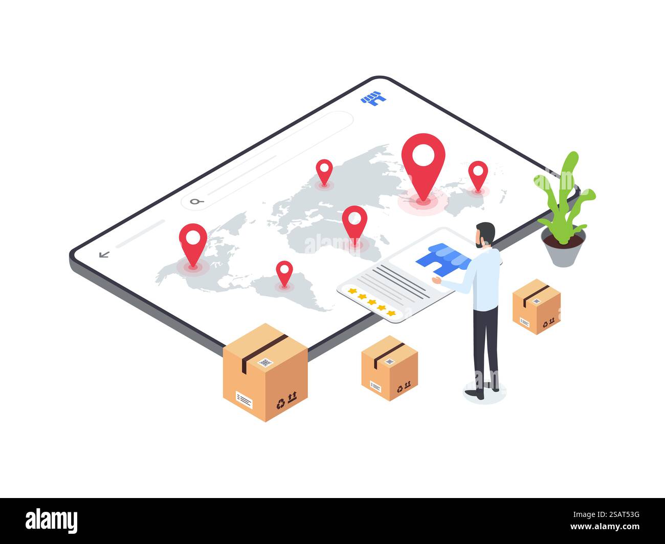 Flat Isomtric illustration de l'homme sélectionne l'emplacement de franchise sur la plate-forme de commerce électronique. Représente le processus de prise de décision dans le secteur des franchises. Illustration de Vecteur