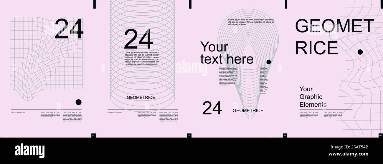 Bannière géométrique moderne avec design typographique minimaliste à la mode. Modèles d'affiche avec des formes de mailles dynamiques, des lignes fractales dans des formes cylindriques et abstraites et des éléments de texte. Illustration vectorielle. Illustration de Vecteur