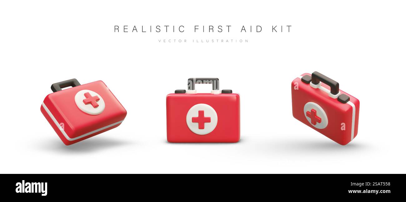 Kits de premiers soins rouges réalistes dans un style de dessin animé. Ensemble d'images isolées vectorielles sur fond blanc. Médicaments et articles pour soins médicaux d'urgence. Icônes pour la conception Web. Kits de premiers soins rouges réalistes dans un style de dessin animé. Ensemble d'images isolées vectorielles sur fond blanc Illustration de Vecteur