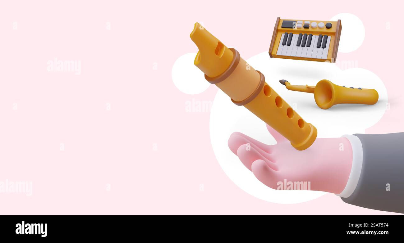 Main réaliste offre flûte, saxophone, synthétiseur. Modèle d'invitation à un cours de musique d'essai. Publicité de l'école de musique. Services de tuteur. Placer pour le texte. Main réaliste offre flûte, saxophone, synthétiseur. Modèle d'invitation à un cours de musique d'essai Illustration de Vecteur