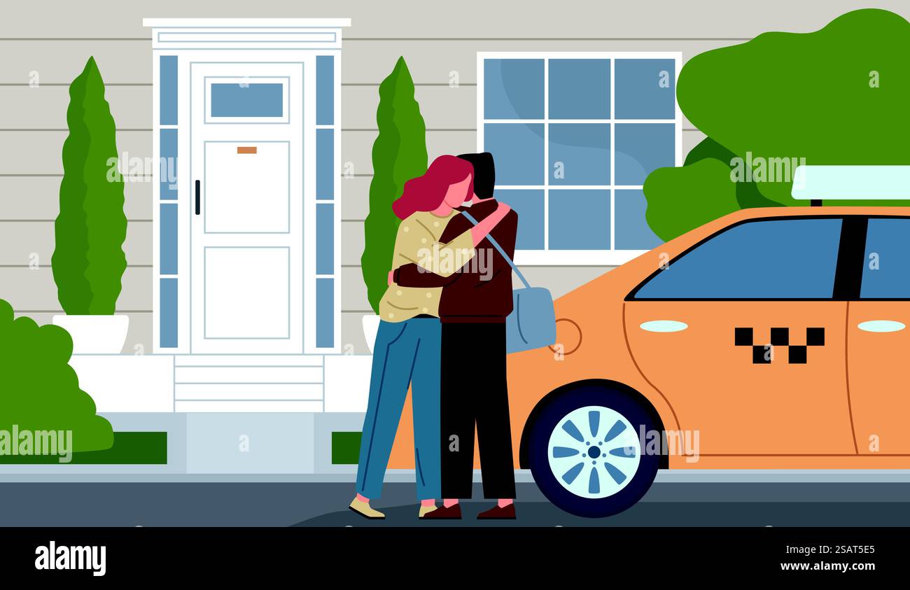 Quittant la maison. Le mari dit au revoir à la femme sur le seuil de la maison, taxi et client, embrassements d'adieu, séparation triste, couple de style plat de dessin animé, famille et relations amoureuses aujourd'hui concept de vecteur. Quittant la maison. Mari dit au revoir à la femme sur le seuil de la maison, taxi et client, embrasse d'adieu, séparation triste, couple plat, famille et relations amoureuses de nos jours concept de vecteur Illustration de Vecteur