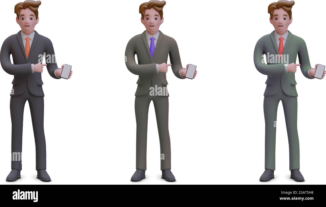Homme d'affaires pointant sur smartphone avec écran vide. Ensemble d'illustrations en différentes couleurs. Maquette pour application téléphonique publicitaire. Image dans le style de dessin animé. Homme d'affaires pointant sur smartphone avec écran vide. Ensemble d'illustrations en différentes couleurs Illustration de Vecteur