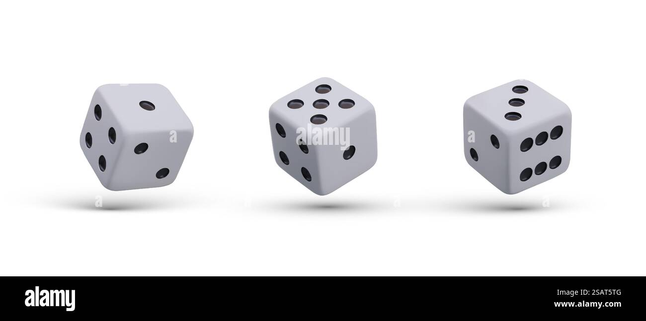 Dés dans différentes positions. Cubes de jeu. Ensemble d'images avec des ombres sur fond blanc. Effet du hasard, de la probabilité, de la fortune. Casino et ELEMENT de jeu de Paris. Dés dans différentes positions. Cubes de jeu. Ensemble d'images avec des ombres sur fond blanc Illustration de Vecteur