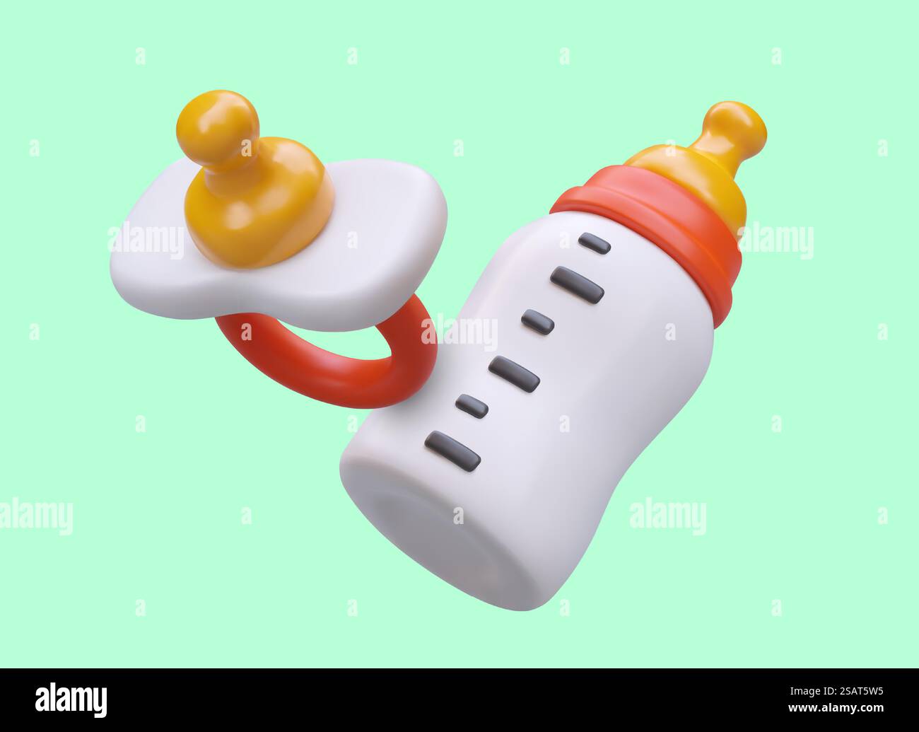 Grand biberon 3d avec de la nourriture et une sucette orthodontique pour bébé sur fond vert. Modèles pour magasin avec des produits pour le concept des enfants nouveau-nés. Illustration vectorielle. Grand biberon 3d avec de la nourriture et une sucette orthodontique pour bébé sur fond vert Illustration de Vecteur