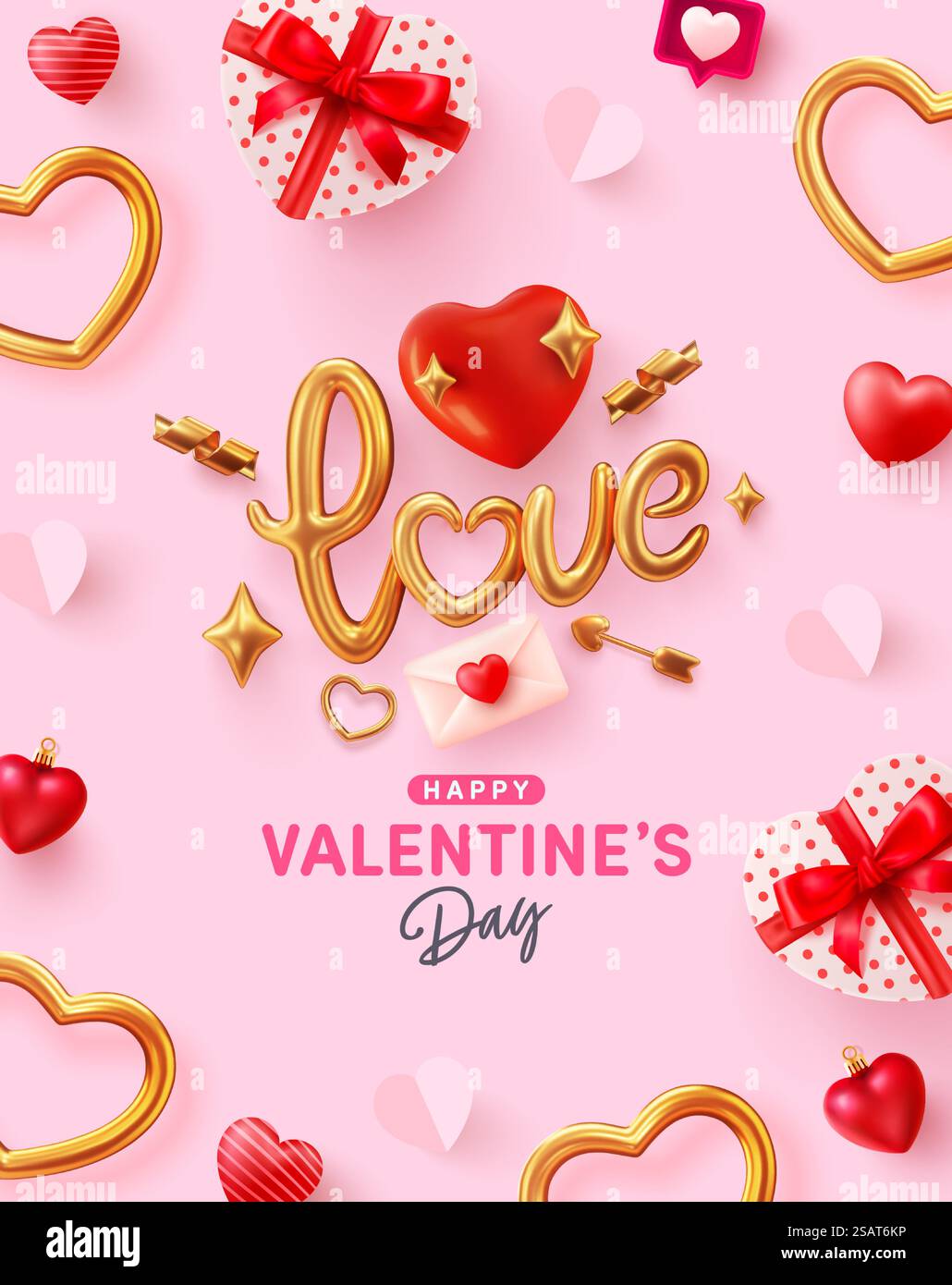 Valentine & rsquo ; s affiche de jour et modèle de bannière avec le lettrage Golden Love et boîte cadeau en forme de coeur. Vecteur de Valentine & rsquo ; s affiche ou bannière de jour. Salutations et cadeaux pour l'amour ou Valentine concept. Illustration de Vecteur