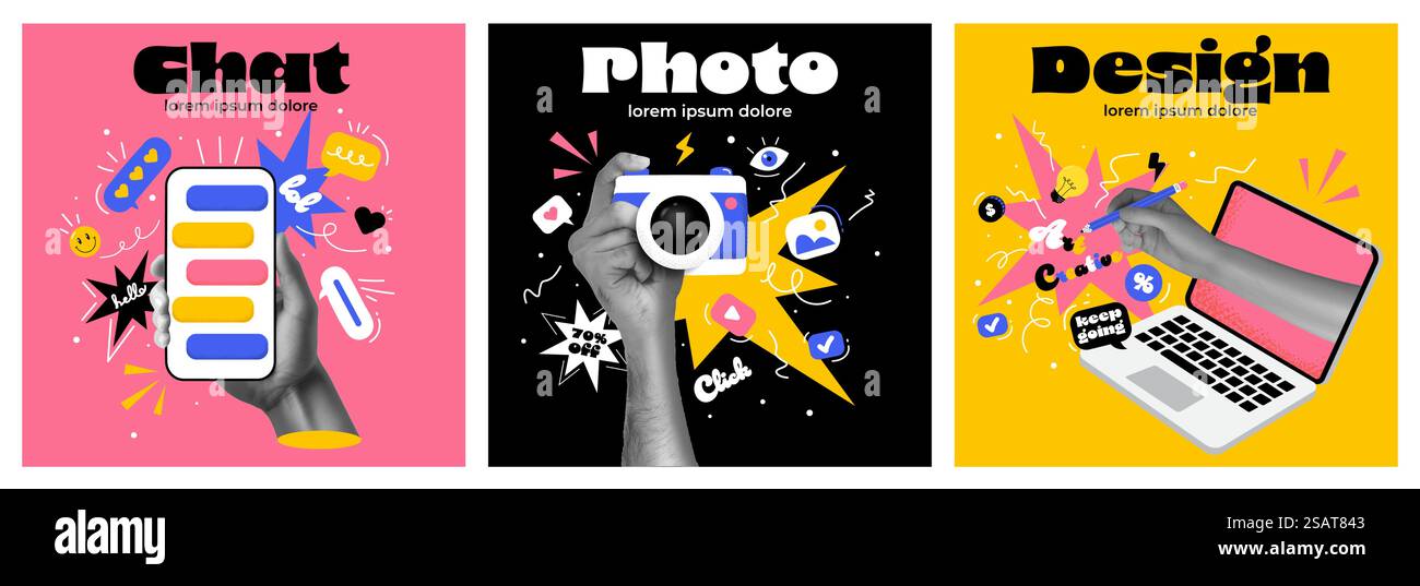 Processus métier. Collage d'art contemporain fait de plans de mains travaillant à peine isolé sur fond coloré, concept d'art, finance, carrière, collègues, équipe. Illustration vectorielle Illustration de Vecteur