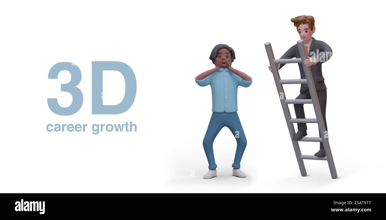 Concept de croissance de carrière. Guy regarde sous le choc comme un homme en costume d'affaires grimpe à l'échelle. Transition vers un niveau supérieur, nouveau poste. Personnages vectoriels dans le style de dessin animé. Concept de croissance de carrière. Guy regarde sous le choc comme un homme en costume d'affaires grimpe à l'échelle Illustration de Vecteur