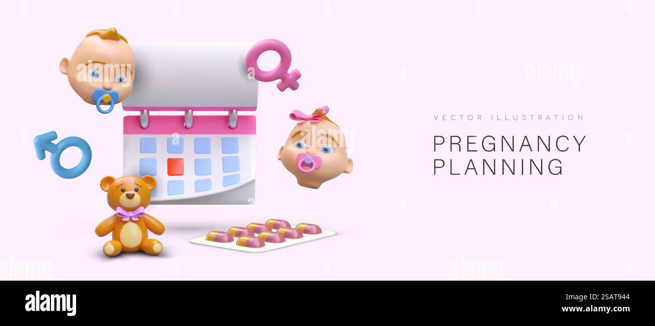 3d réaliste bébé garçon et fille, calendrier avec plan, pilules et ours en peluche mignon. Affiche avec slogan planification de la grossesse. Plaque médicale pour femme. Illustration vectorielle avec fond rose. 3d réaliste bébé garçon et fille, calendrier avec plan, pilules et ours en peluche mignon Illustration de Vecteur